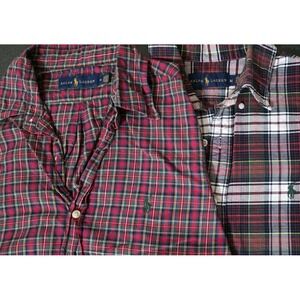 2 Polo Ralph Lauren Men Red Check Plaid Pony Casual Shirt Long Sleeve Button EUC